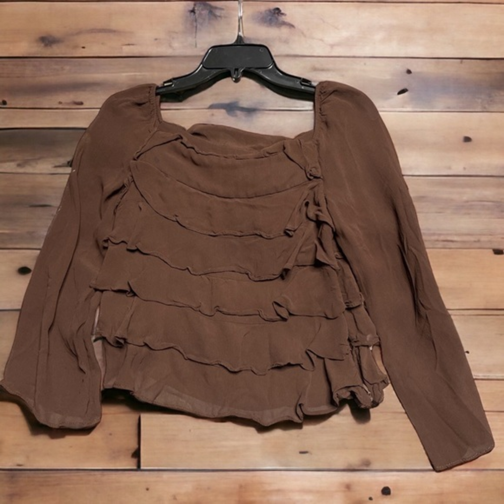 Ralph Lauren Tartan Plaid Label Sheer Ruffle Top Brown Romantic XS Y2K